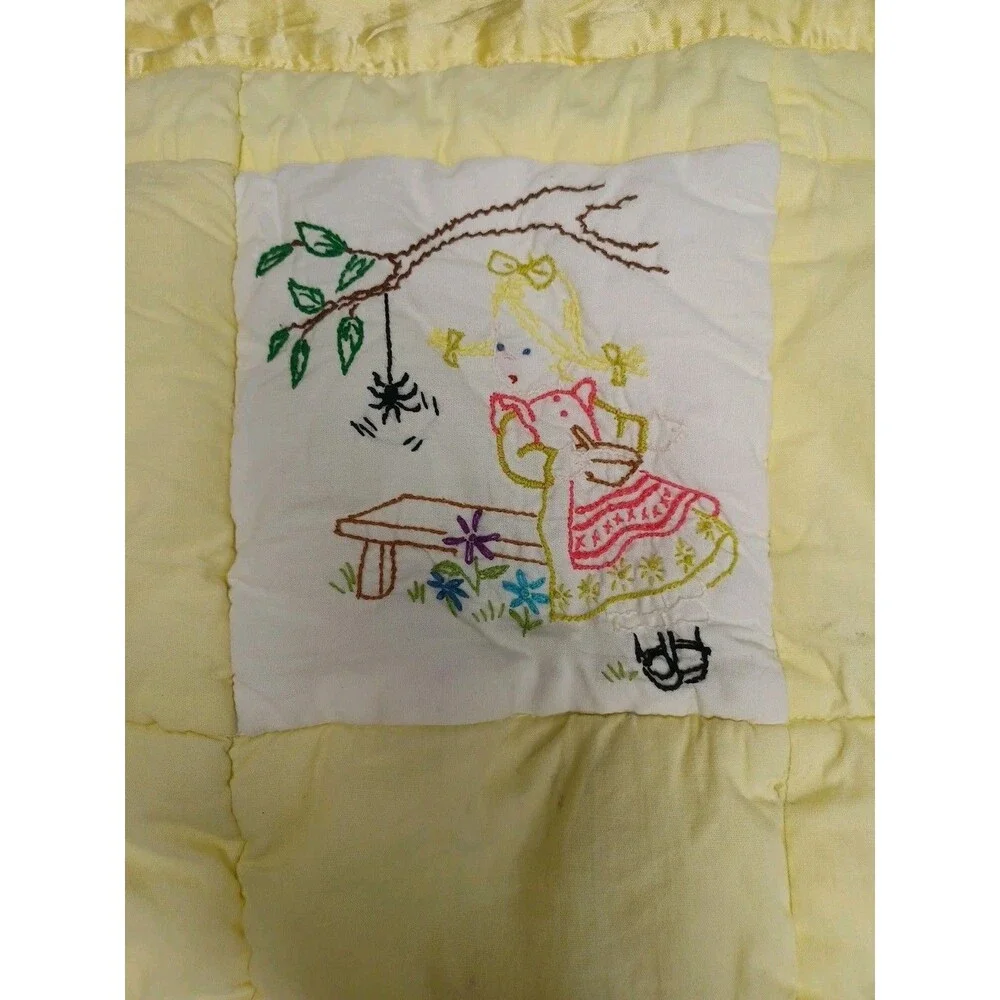 Vtg 70's Quilted Baby Crib Quilt Yellow Animals Embroidery Unisex 48x30